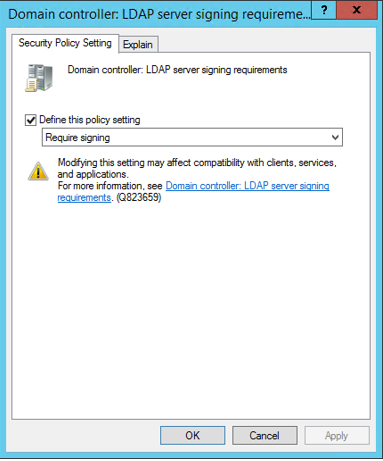 Domain controller setting for LDAP server signing requirements Domain controller setting for LDAP server signing requirements